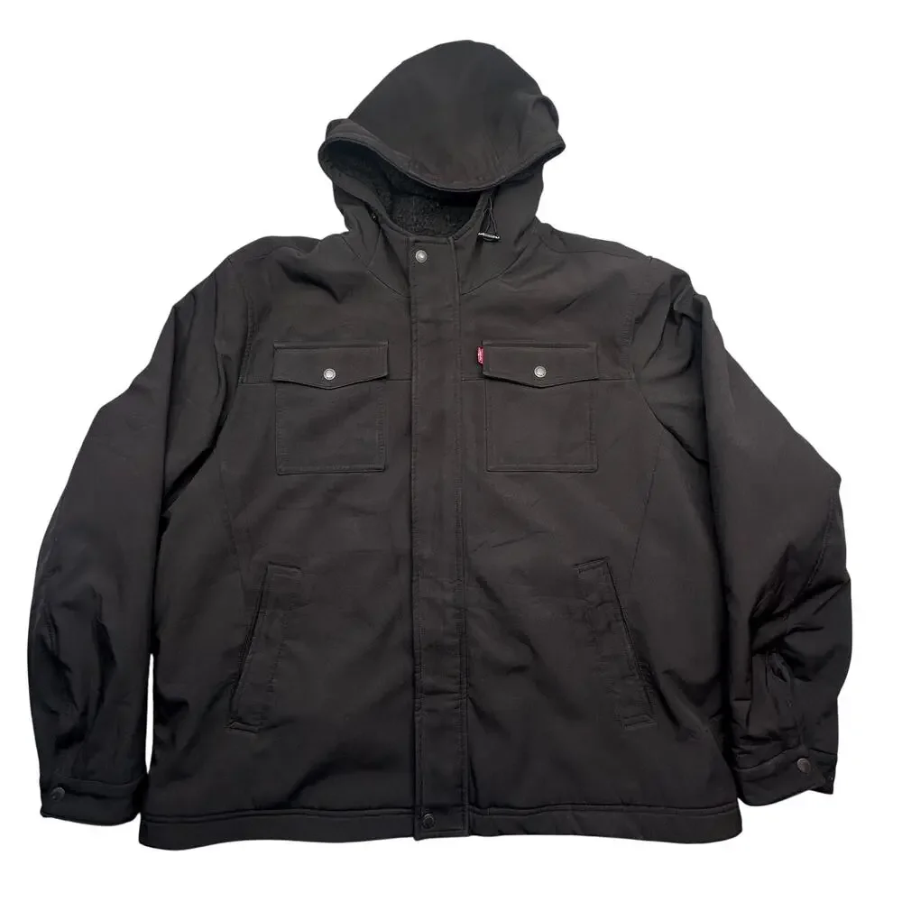 Levis Soft Shell Fleece Sherpa Lined Zip Jacket Mens XXL Black Hooded Pockets